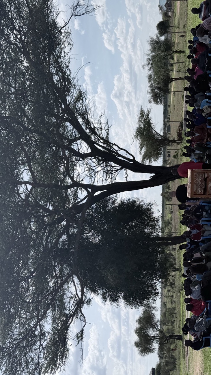 A large gathering seated under an acacia tree in Kenya